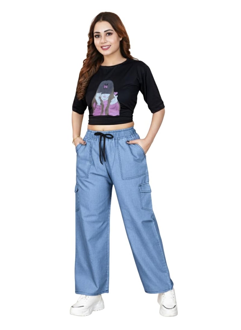 VIG TRENDS Women's Cargo Pants with Drawstring, Wide Leg Casual Trousers with 4 Side Pockets - Image 1